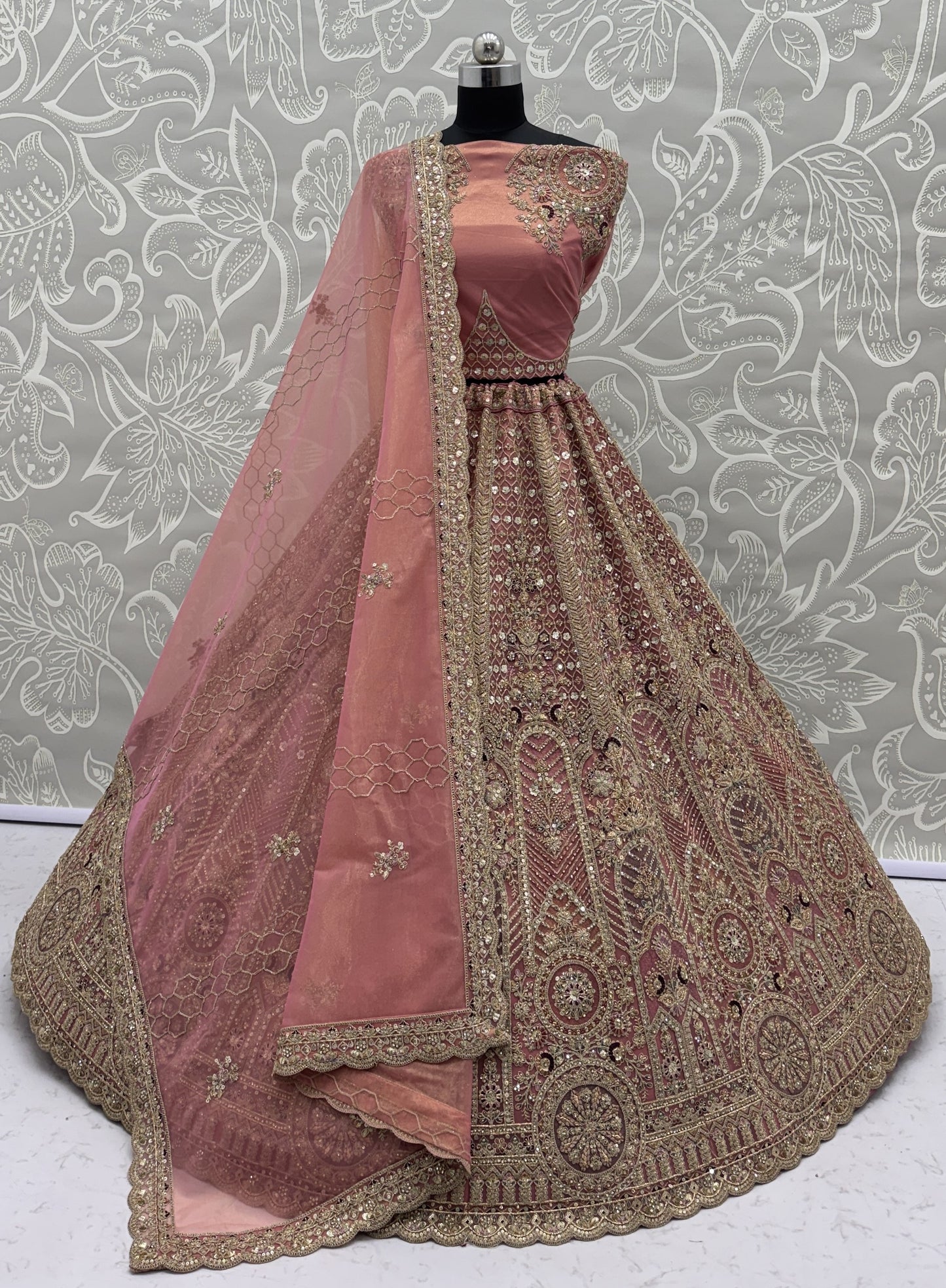 Dusty Rose Bridal Net Lehenga Choli with Fancy Chapat Zari, Multi Thread Embroidery & Zircon Diamond Work