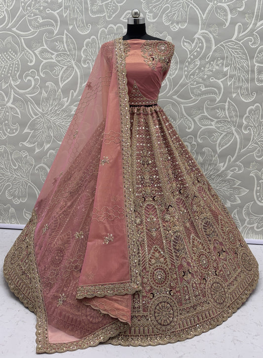 Dusty Rose Bridal Net Lehenga Choli with Fancy Chapat Zari, Multi Thread Embroidery & Zircon Diamond Work