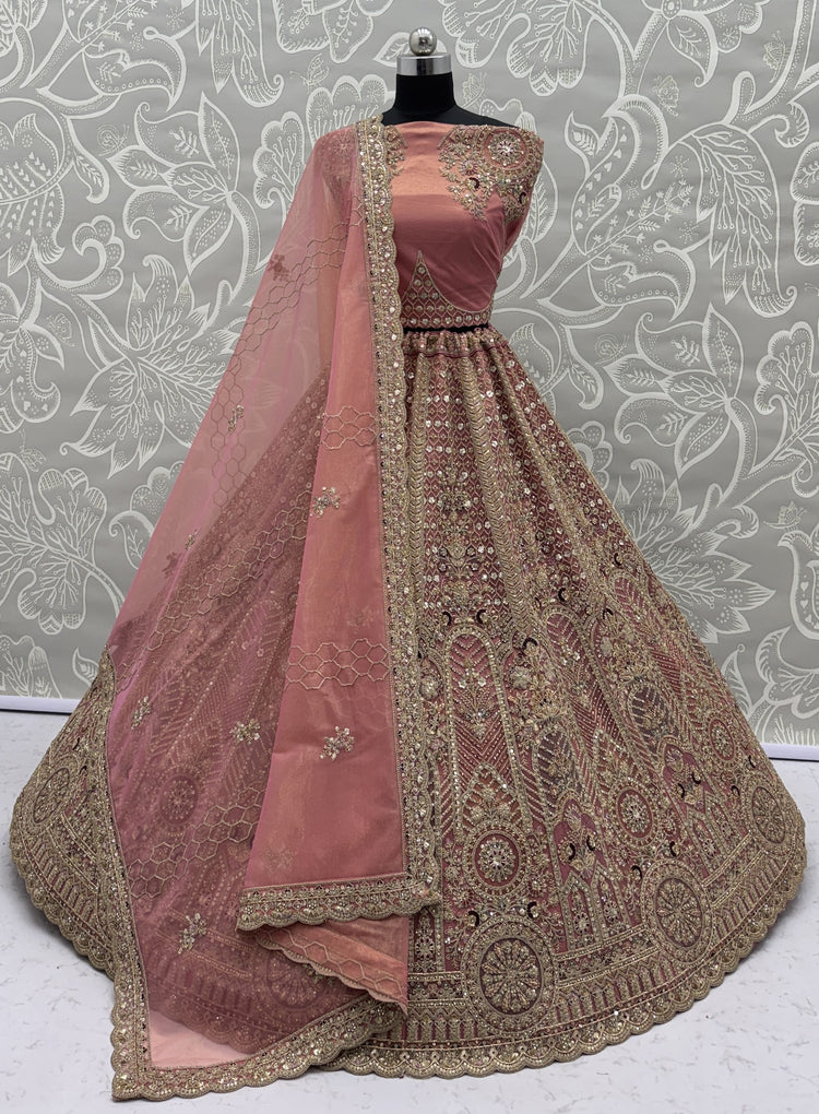 Dusty Rose Bridal Net Lehenga Choli with Fancy Chapat Zari, Multi Thread Embroidery & Zircon Diamond Work