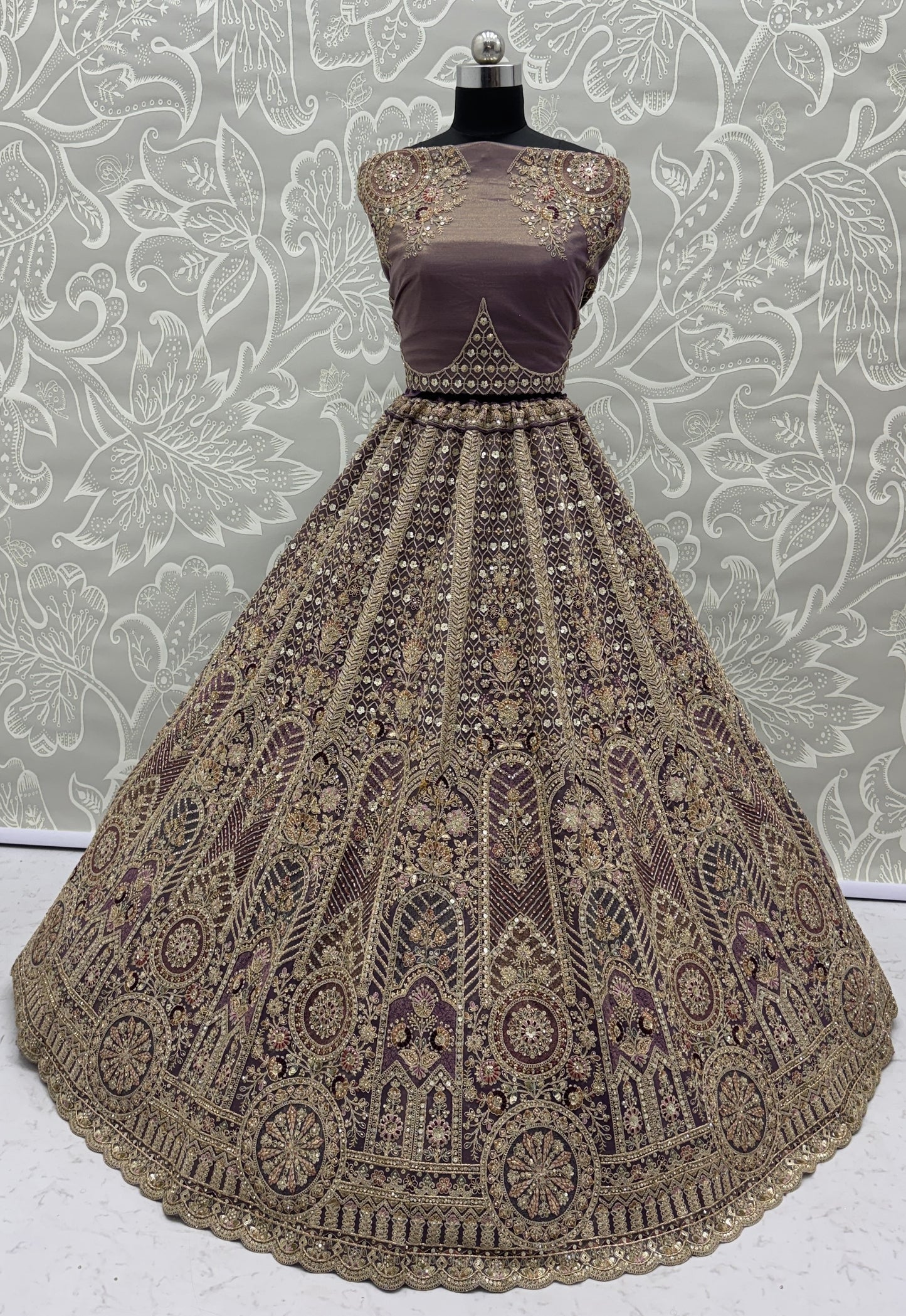 Royal Mauve Bridal Net Lehenga Choli with Fancy Chapat Zari, Multi Thread Embroidery & Zircon Diamond Work