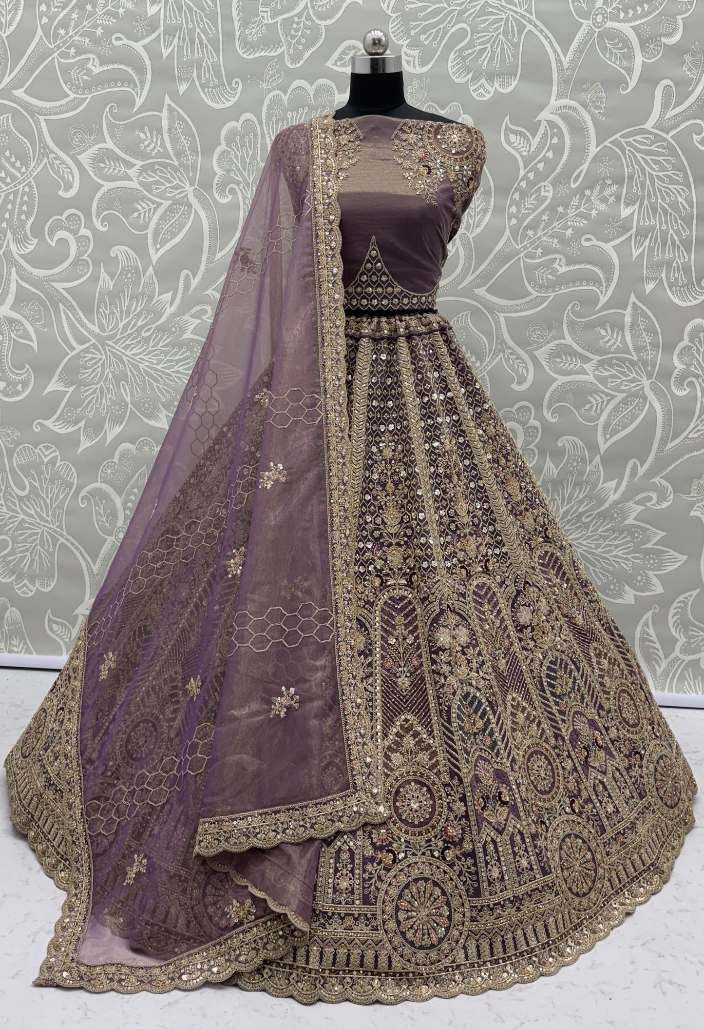 Royal Mauve Bridal Net Lehenga Choli with Fancy Chapat Zari, Multi Thread Embroidery & Zircon Diamond Work