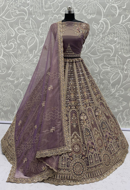 Royal Mauve Bridal Net Lehenga Choli with Fancy Chapat Zari, Multi Thread Embroidery & Zircon Diamond Work