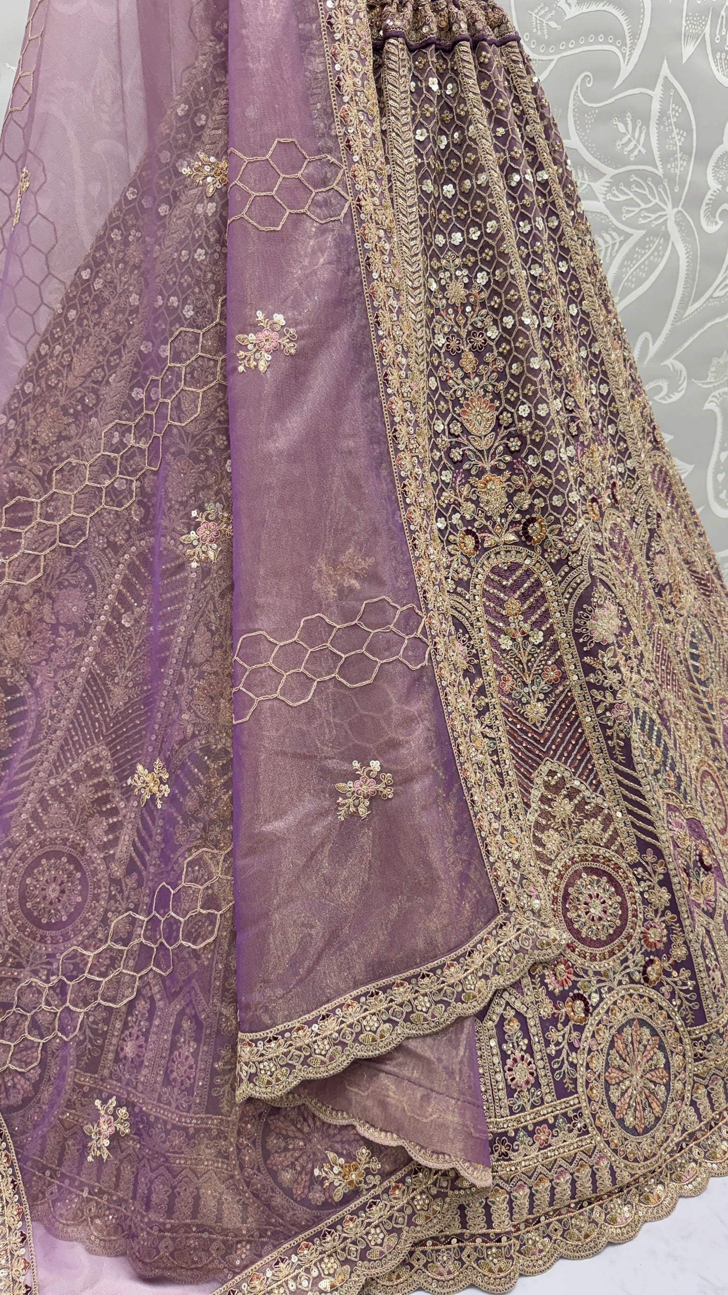 Royal Mauve Bridal Net Lehenga Choli with Fancy Chapat Zari, Multi Thread Embroidery & Zircon Diamond Work