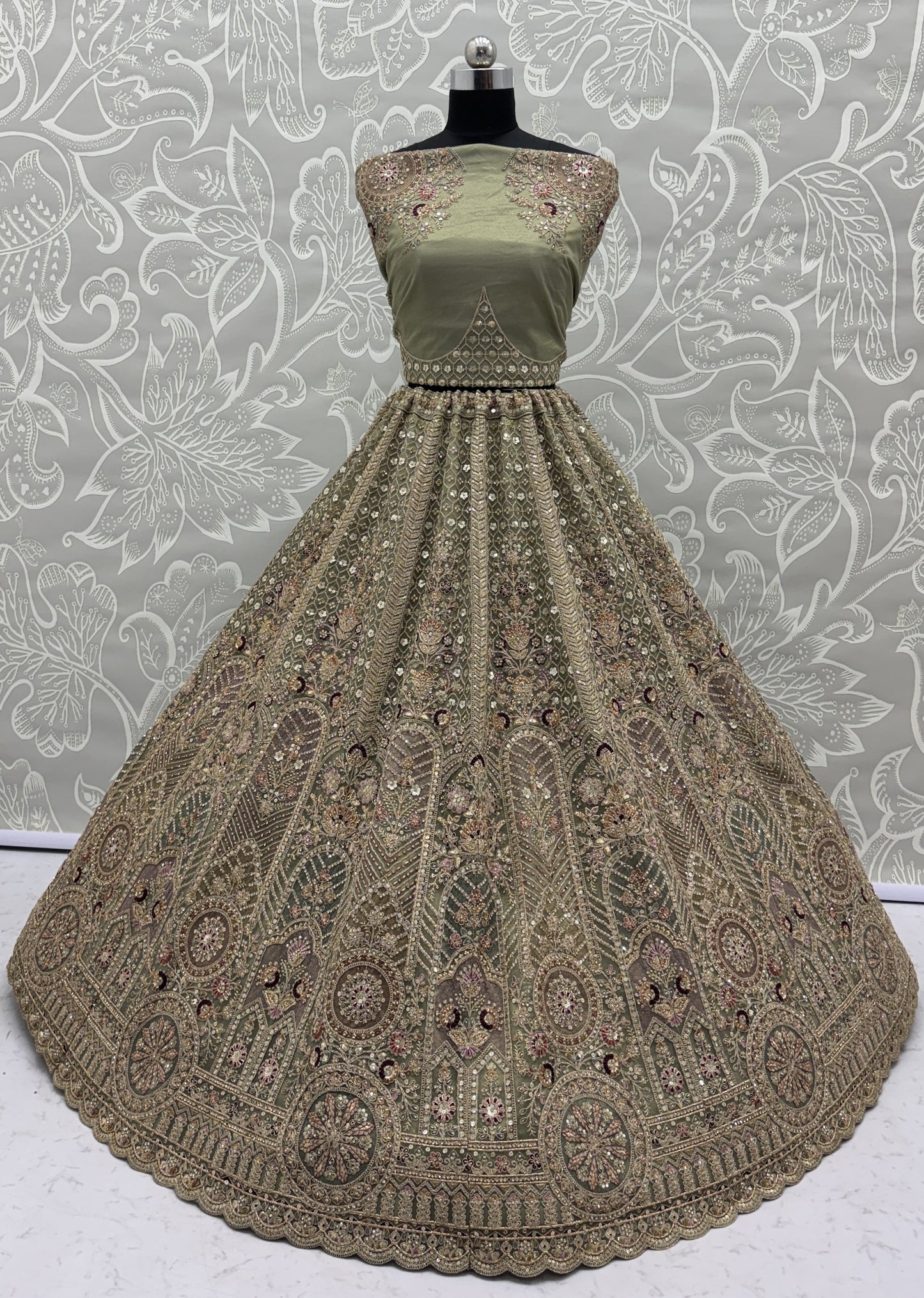 Sage Green Bridal Net Lehenga Choli with Fancy Chapat Zari, Multi Thread Embroidery & Zircon Diamond Work