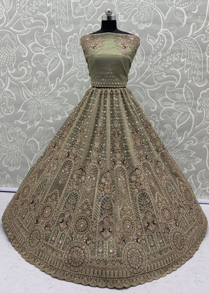 Sage Green Bridal Net Lehenga Choli with Fancy Chapat Zari, Multi Thread Embroidery & Zircon Diamond Work