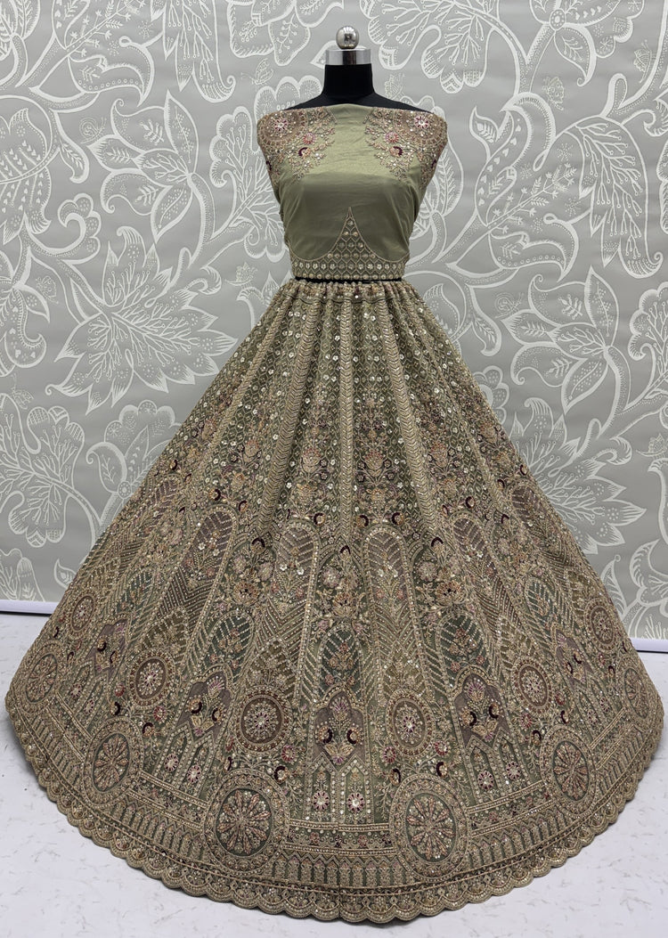Sage Green Bridal Net Lehenga Choli with Fancy Chapat Zari, Multi Thread Embroidery & Zircon Diamond Work