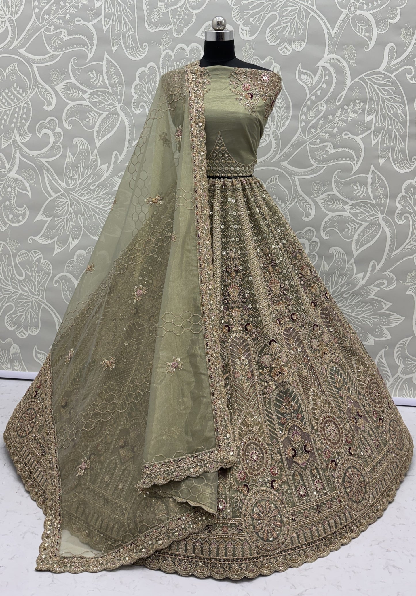 Sage Green Bridal Net Lehenga Choli with Fancy Chapat Zari, Multi Thread Embroidery & Zircon Diamond Work