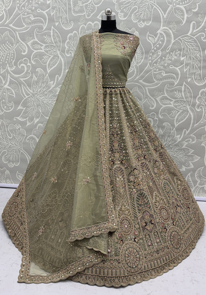 Sage Green Bridal Net Lehenga Choli with Fancy Chapat Zari, Multi Thread Embroidery & Zircon Diamond Work