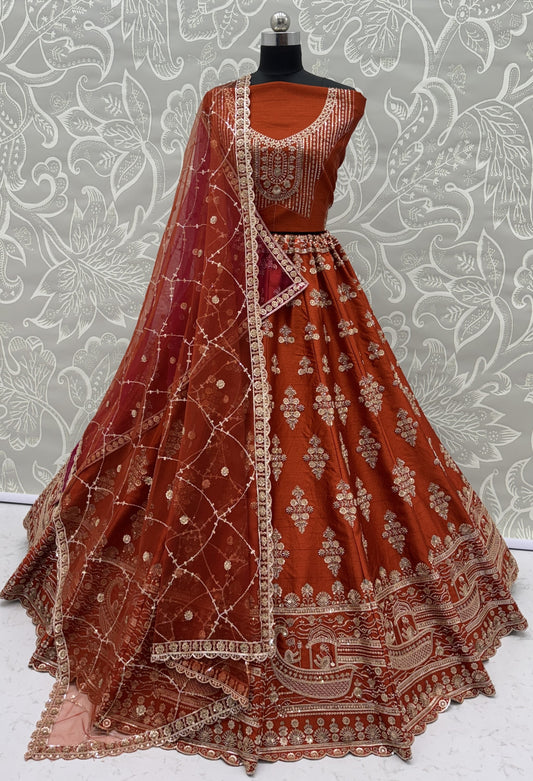 Rust Orange Slub Silk Bridal Lehenga Choli with Handcrafted Motif Work, Crystal Pipe Work & Net Dupatta