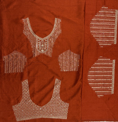 Rust Orange Slub Silk Bridal Lehenga Choli with Handcrafted Motif Work, Crystal Pipe Work & Net Dupatta