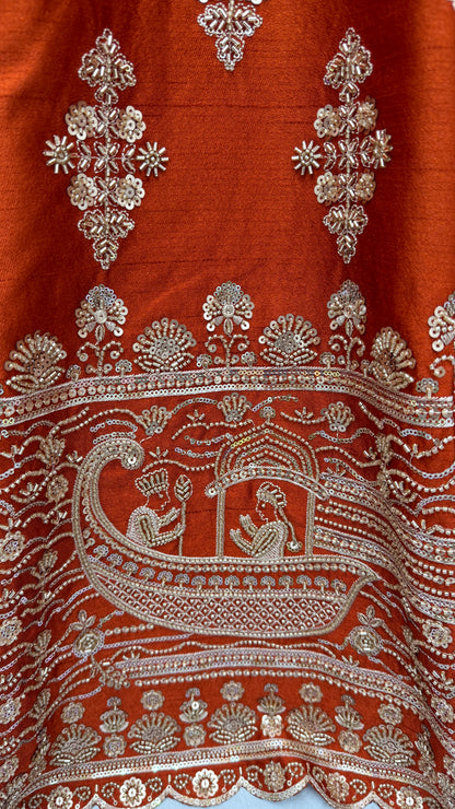 Rust Orange Slub Silk Bridal Lehenga Choli with Handcrafted Motif Work, Crystal Pipe Work & Net Dupatta