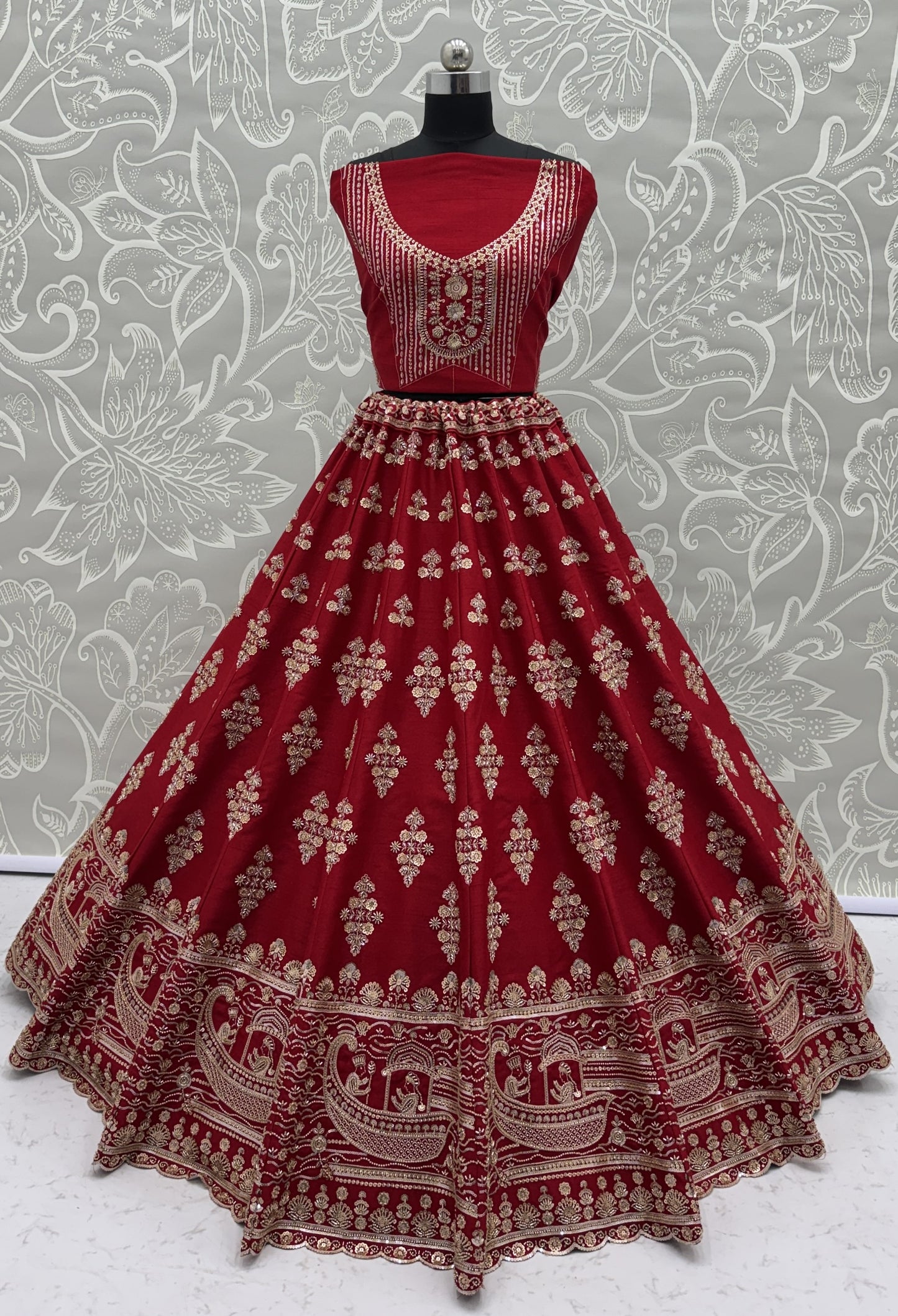 Maroon Slub Silk Bridal Lehenga Choli with Crystal Pipe Handwork, Motif Embroidery & Net Dupatta