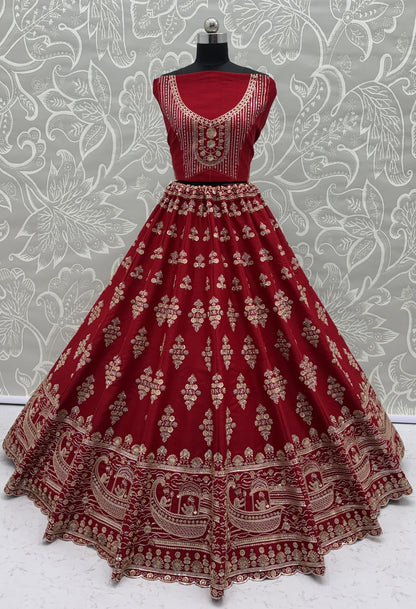 Maroon Slub Silk Bridal Lehenga Choli with Crystal Pipe Handwork, Motif Embroidery & Net Dupatta