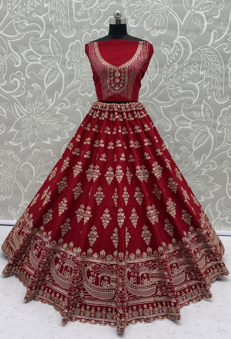 Maroon Slub Silk Bridal Lehenga Choli with Crystal Pipe Handwork, Motif Embroidery & Net Dupatta