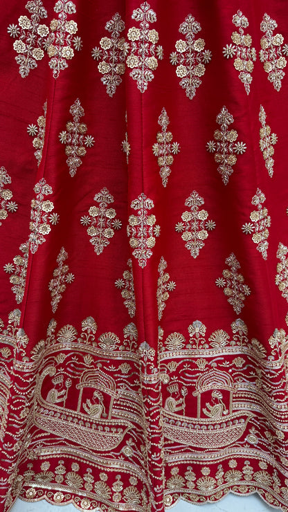Maroon Slub Silk Bridal Lehenga Choli with Crystal Pipe Handwork, Motif Embroidery & Net Dupatta