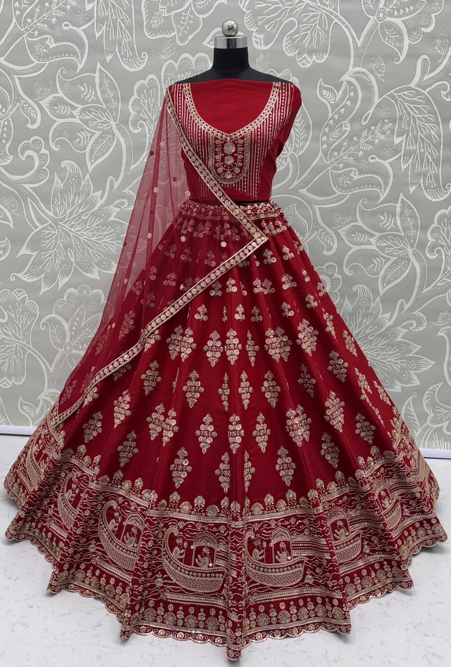 Maroon Slub Silk Bridal Lehenga Choli with Crystal Pipe Handwork, Motif Embroidery & Net Dupatta