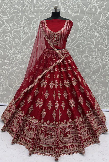 Maroon Slub Silk Bridal Lehenga Choli with Crystal Pipe Handwork, Motif Embroidery & Net Dupatta