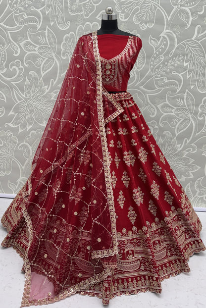 Maroon Slub Silk Bridal Lehenga Choli with Crystal Pipe Handwork, Motif Embroidery & Net Dupatta