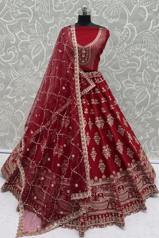 Maroon Slub Silk Bridal Lehenga Choli with Crystal Pipe Handwork, Motif Embroidery & Net Dupatta
