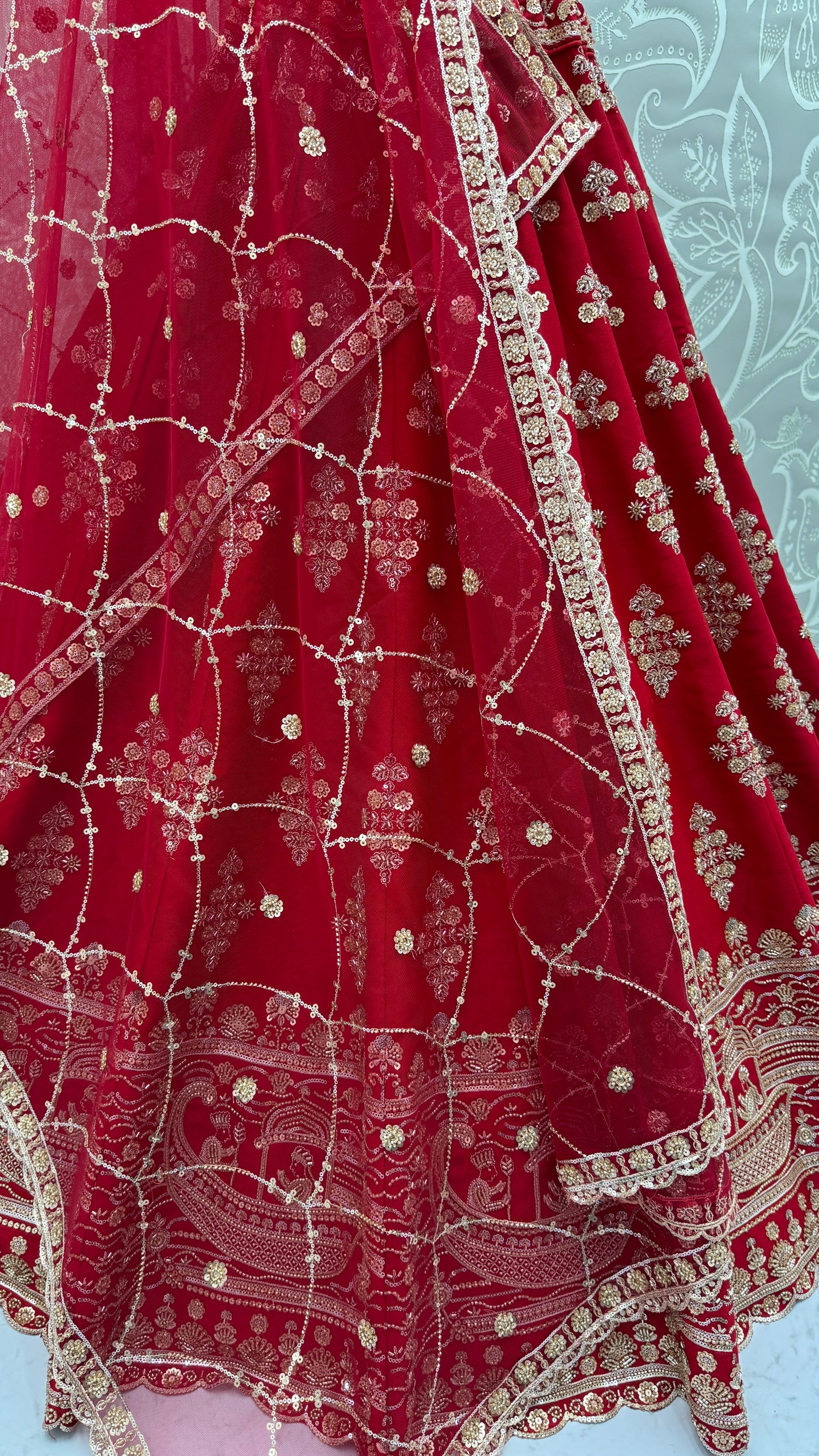 Maroon Slub Silk Bridal Lehenga Choli with Crystal Pipe Handwork, Motif Embroidery & Net Dupatta