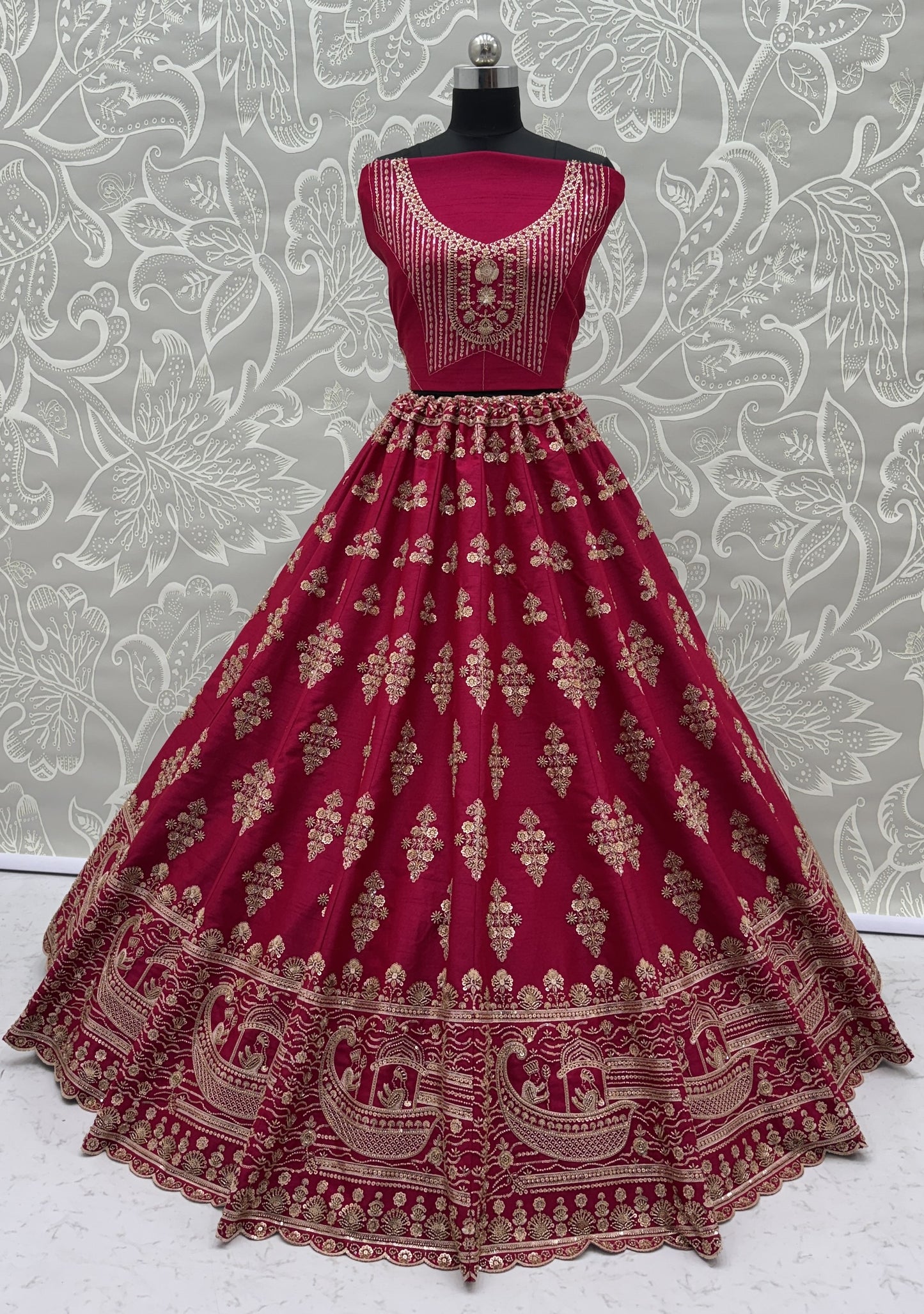 Rani Pink Slub Silk Bridal Lehenga Choli with Crystal Pipe Handwork, Motif Embroidery & Net Dupatta