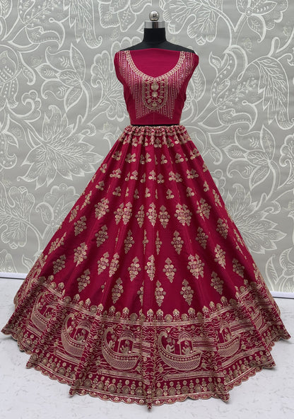 Rani Pink Slub Silk Bridal Lehenga Choli with Crystal Pipe Handwork, Motif Embroidery & Net Dupatta