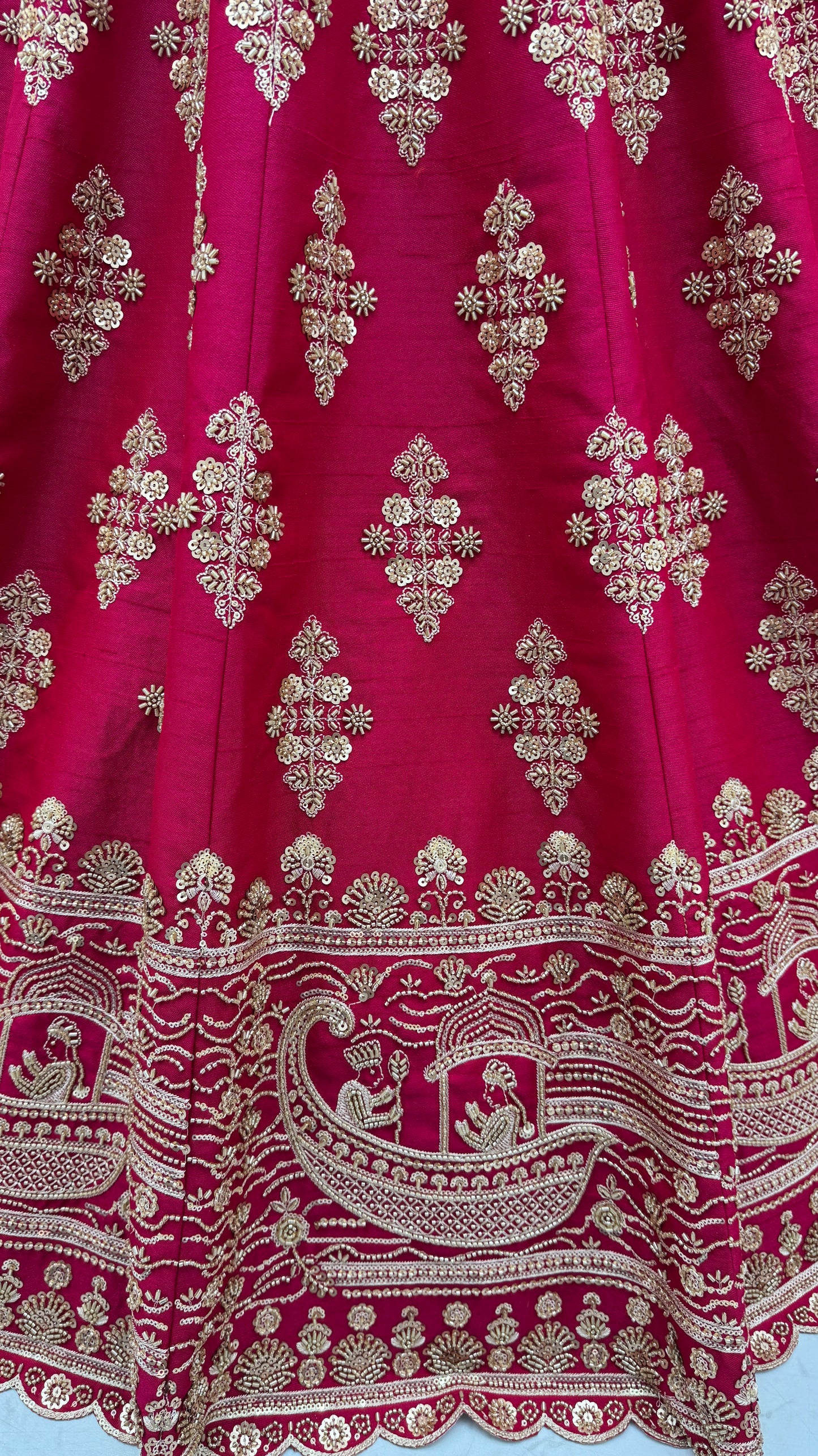 Rani Pink Slub Silk Bridal Lehenga Choli with Crystal Pipe Handwork, Motif Embroidery & Net Dupatta