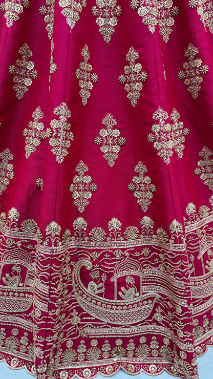 Rani Pink Slub Silk Bridal Lehenga Choli with Crystal Pipe Handwork, Motif Embroidery & Net Dupatta