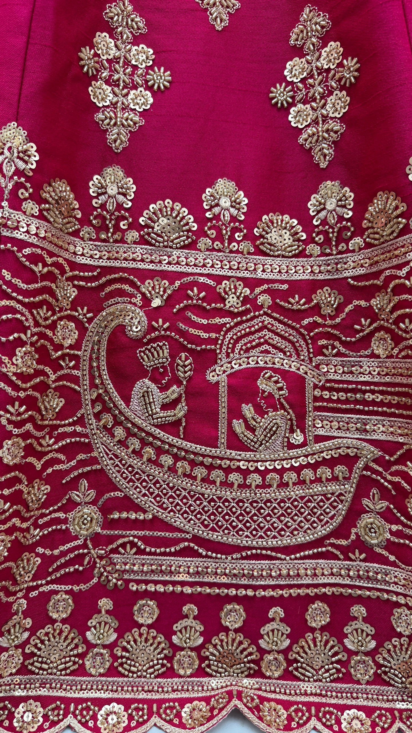Rani Pink Slub Silk Bridal Lehenga Choli with Crystal Pipe Handwork, Motif Embroidery & Net Dupatta