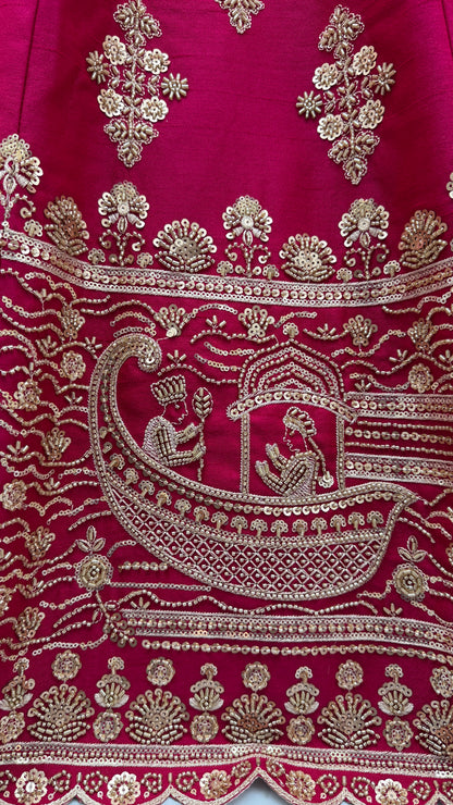 Rani Pink Slub Silk Bridal Lehenga Choli with Crystal Pipe Handwork, Motif Embroidery & Net Dupatta