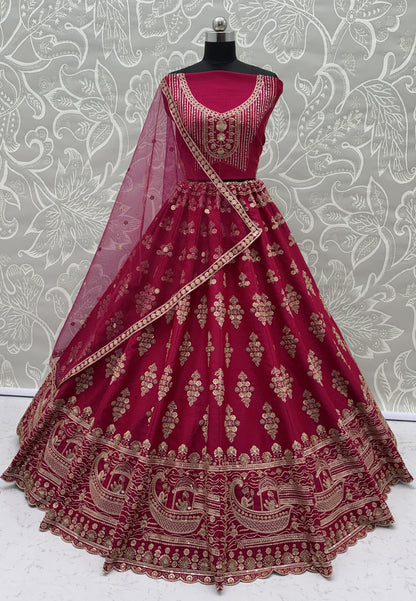 Rani Pink Slub Silk Bridal Lehenga Choli with Crystal Pipe Handwork, Motif Embroidery & Net Dupatta