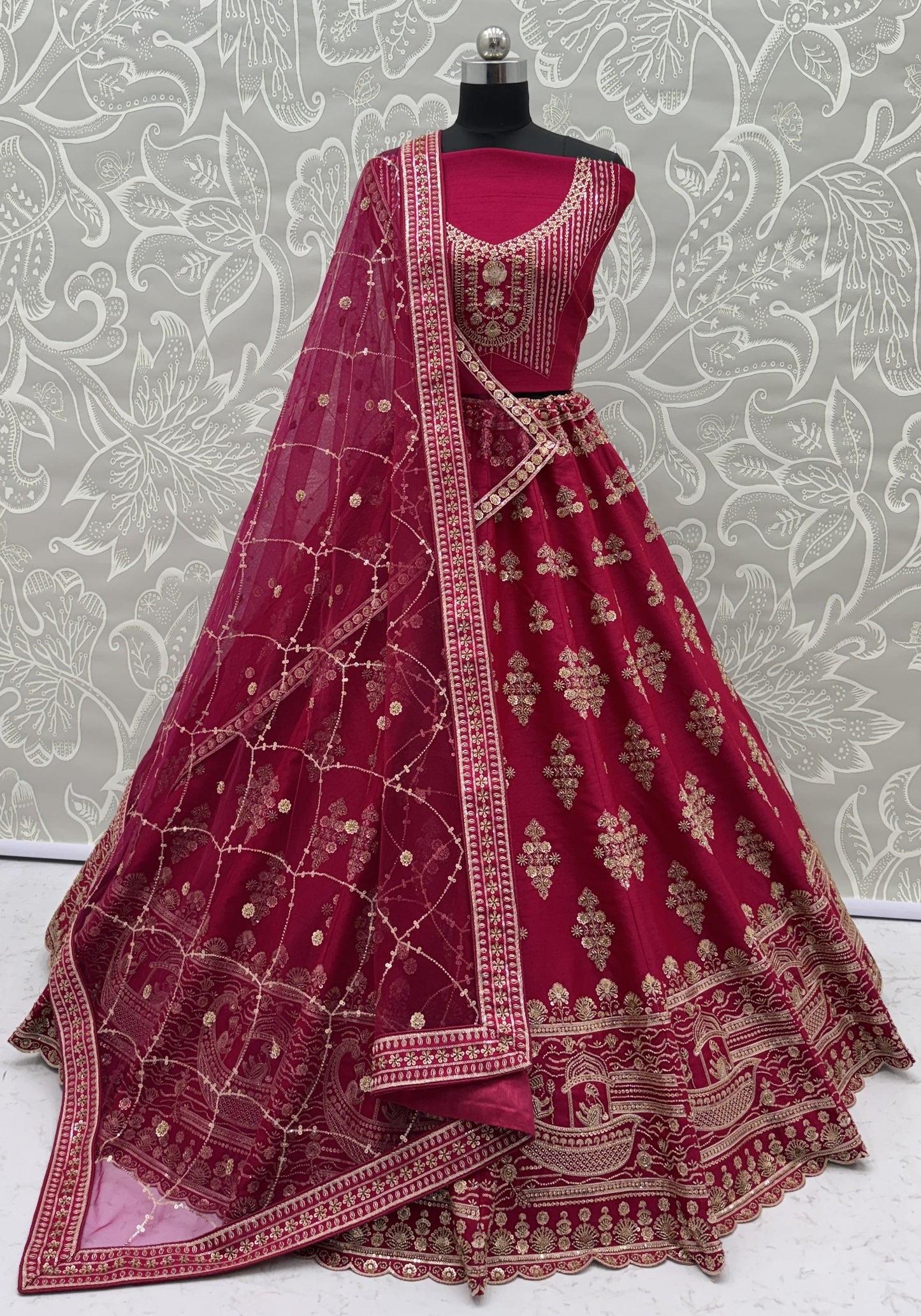 Rani Pink Slub Silk Bridal Lehenga Choli with Crystal Pipe Handwork, Motif Embroidery & Net Dupatta