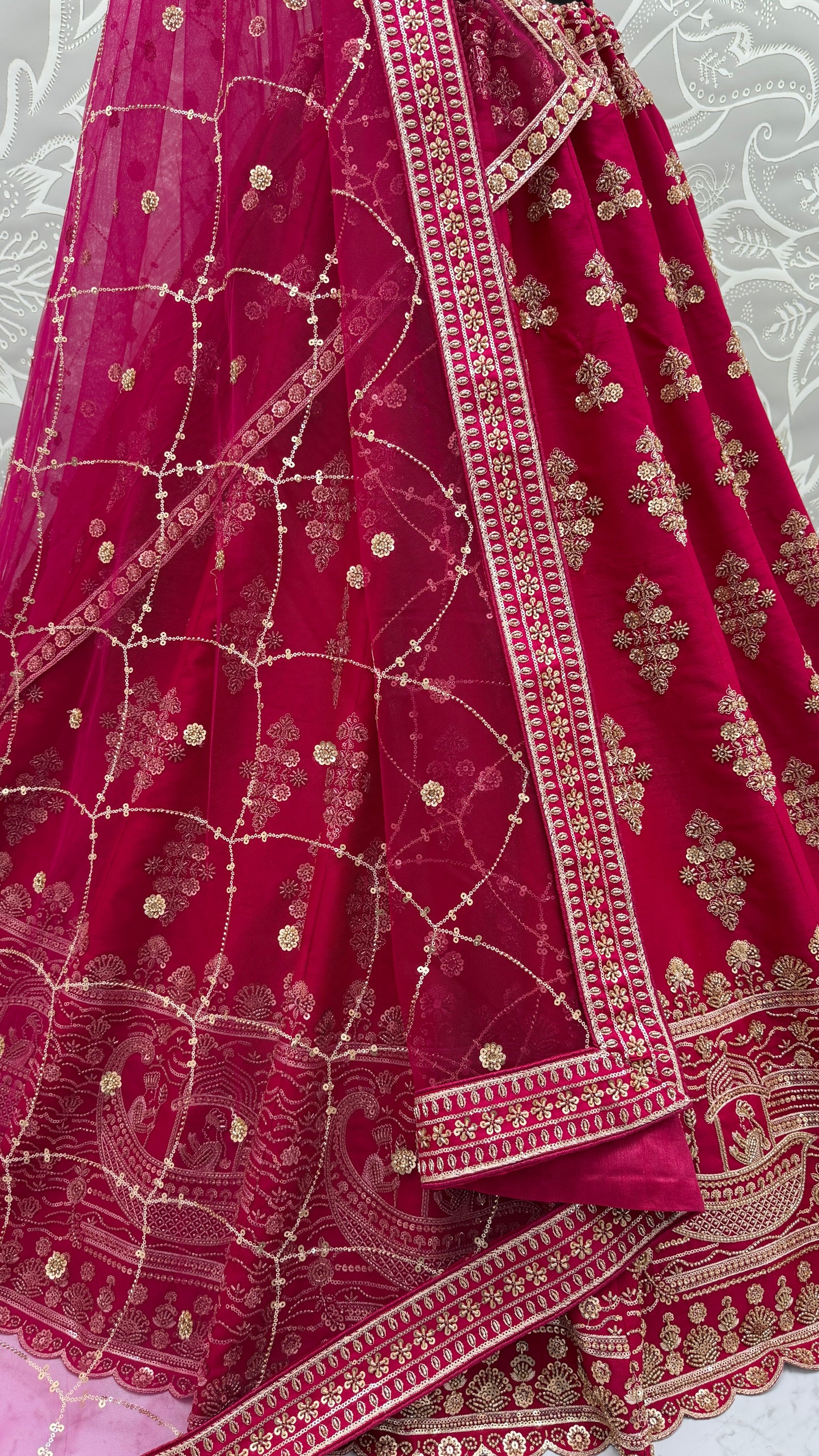 Rani Pink Slub Silk Bridal Lehenga Choli with Crystal Pipe Handwork, Motif Embroidery & Net Dupatta
