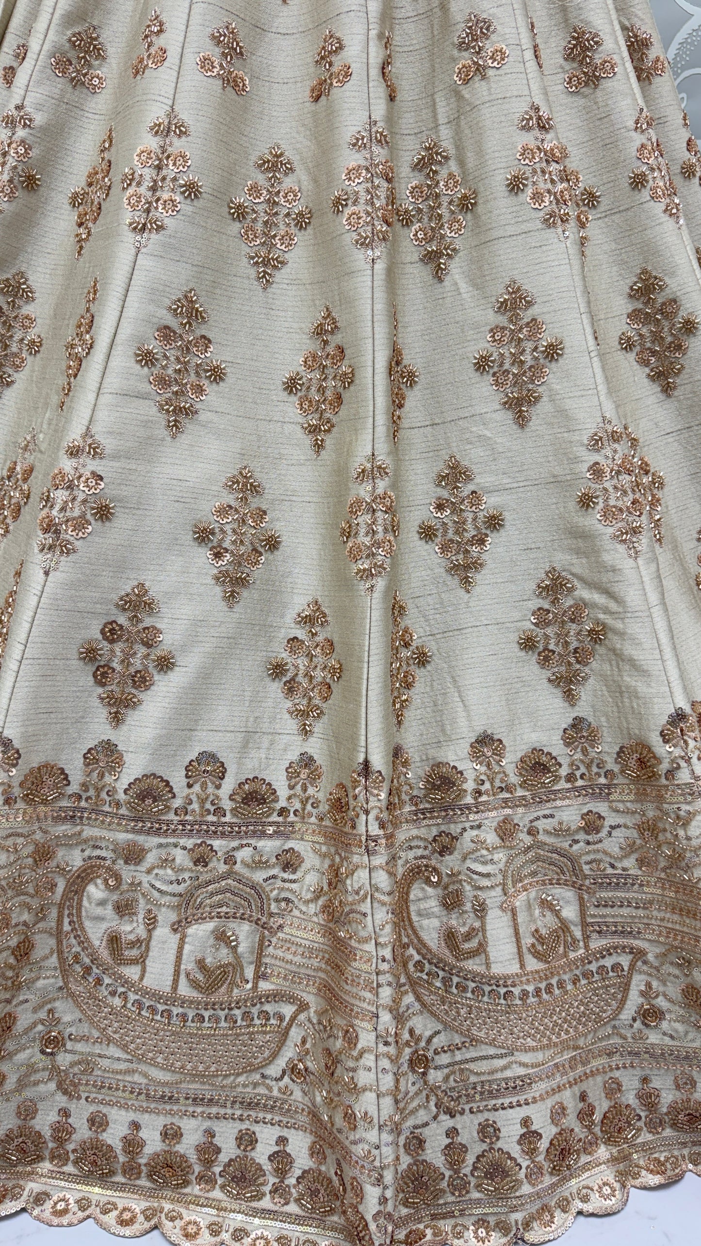 Ivory Slub Silk Bridal Lehenga Choli with Floral Handwork, Heritage Border & Designer Net Dupatta