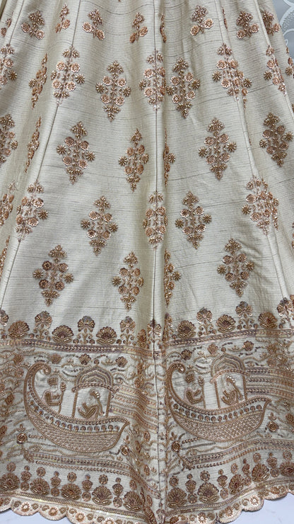 Ivory Slub Silk Bridal Lehenga Choli with Floral Handwork, Heritage Border & Designer Net Dupatta