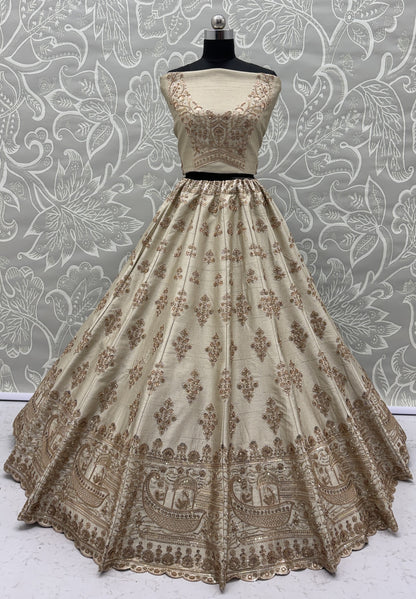Ivory Slub Silk Bridal Lehenga Choli with Floral Handwork, Heritage Border & Designer Net Dupatta