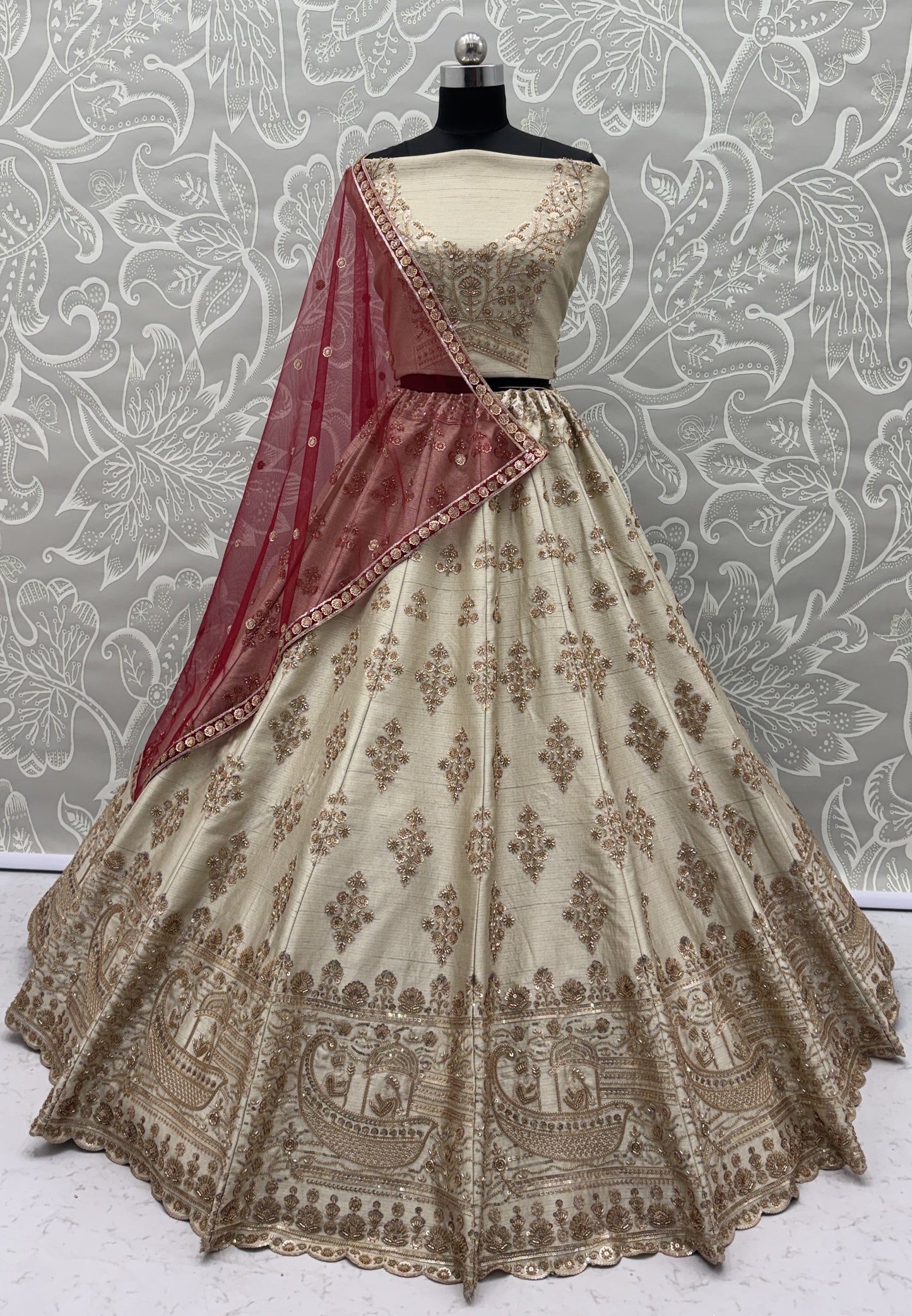 Ivory Slub Silk Bridal Lehenga Choli with Floral Handwork, Heritage Border & Designer Net Dupatta