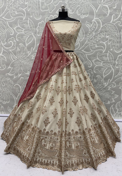 Ivory Slub Silk Bridal Lehenga Choli with Floral Handwork, Heritage Border & Designer Net Dupatta