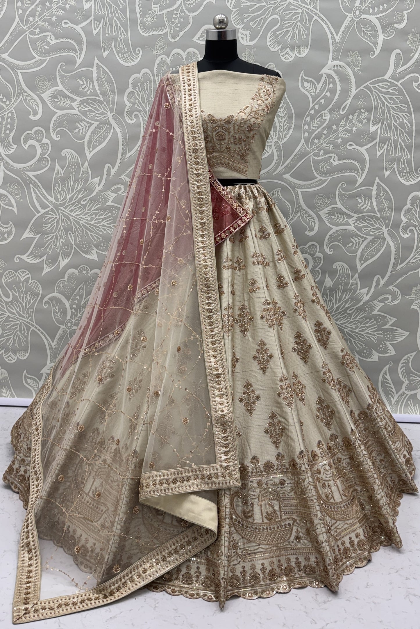 Ivory Slub Silk Bridal Lehenga Choli with Floral Handwork, Heritage Border & Designer Net Dupatta