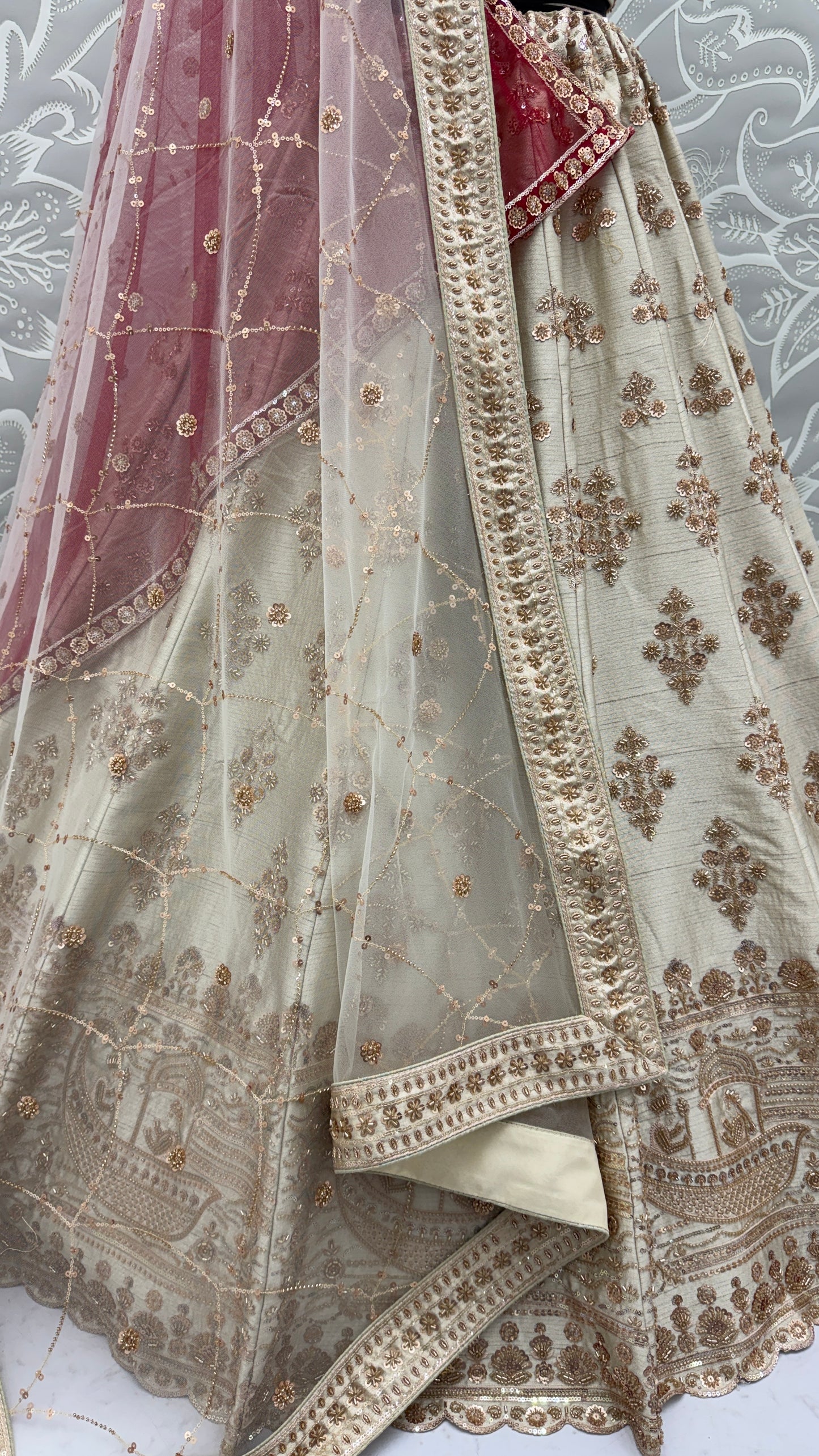 Ivory Slub Silk Bridal Lehenga Choli with Floral Handwork, Heritage Border & Designer Net Dupatta