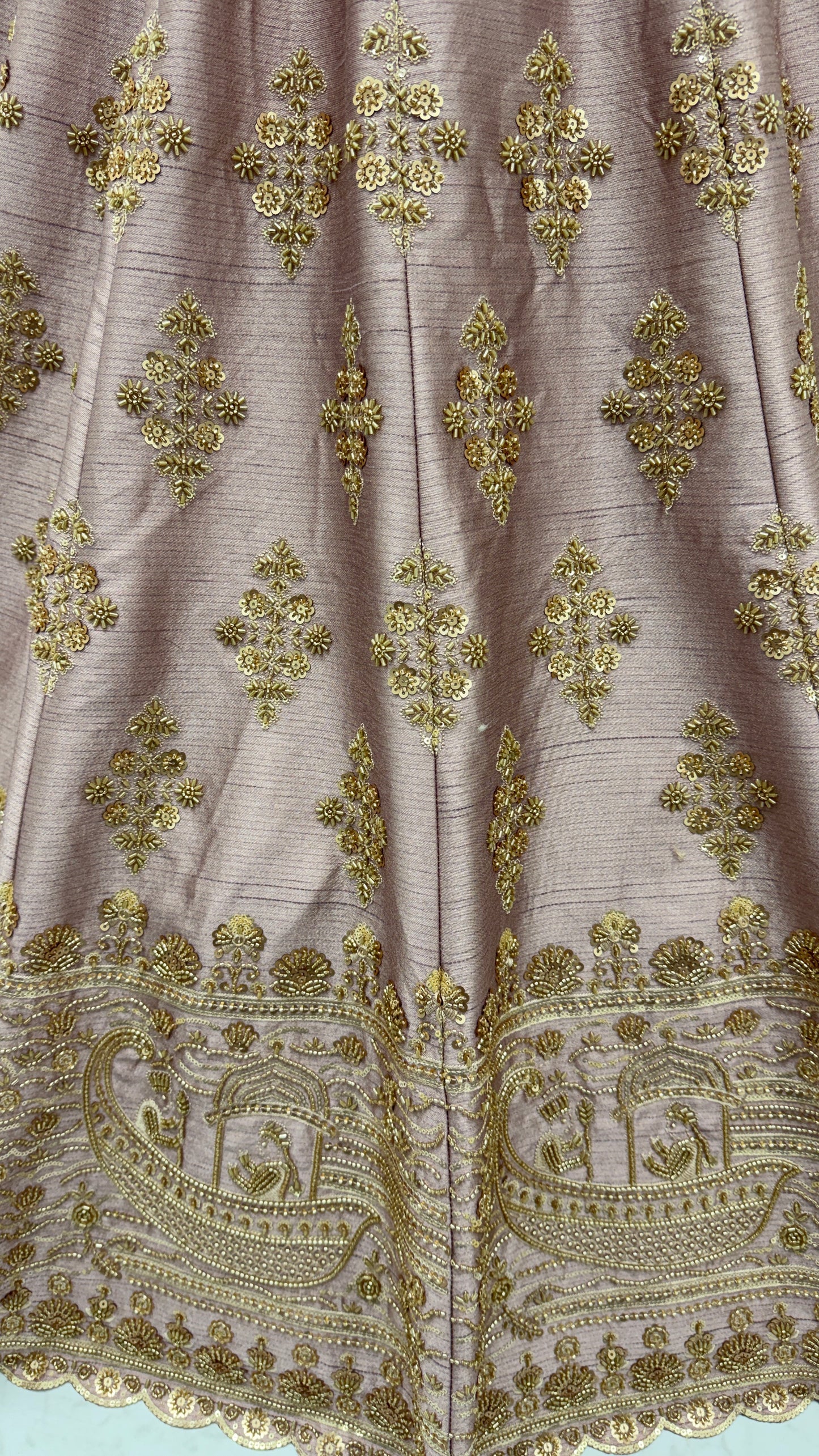 Dusty Mauve Slub Silk Bridal Lehenga Choli with Crystal Pipe Handwork & Designer Net Dupatta