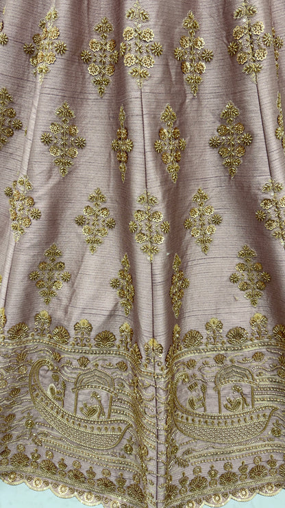 Dusty Mauve Slub Silk Bridal Lehenga Choli with Crystal Pipe Handwork & Designer Net Dupatta