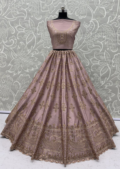 Dusty Mauve Slub Silk Bridal Lehenga Choli with Crystal Pipe Handwork & Designer Net Dupatta