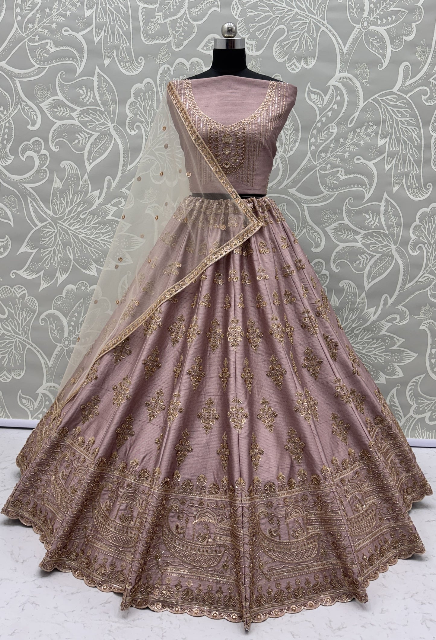 Dusty Mauve Slub Silk Bridal Lehenga Choli with Crystal Pipe Handwork & Designer Net Dupatta