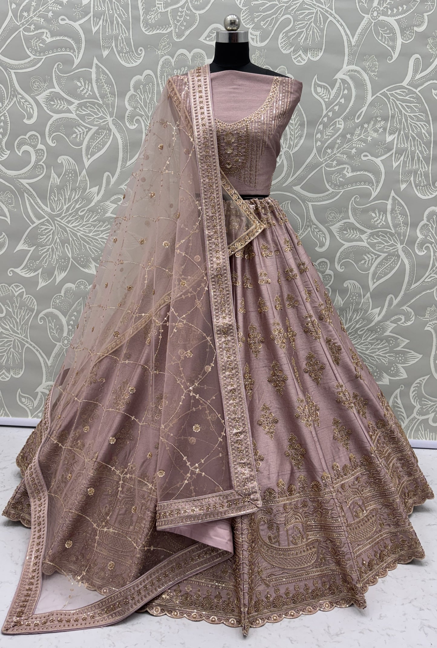Dusty Mauve Slub Silk Bridal Lehenga Choli with Crystal Pipe Handwork & Designer Net Dupatta