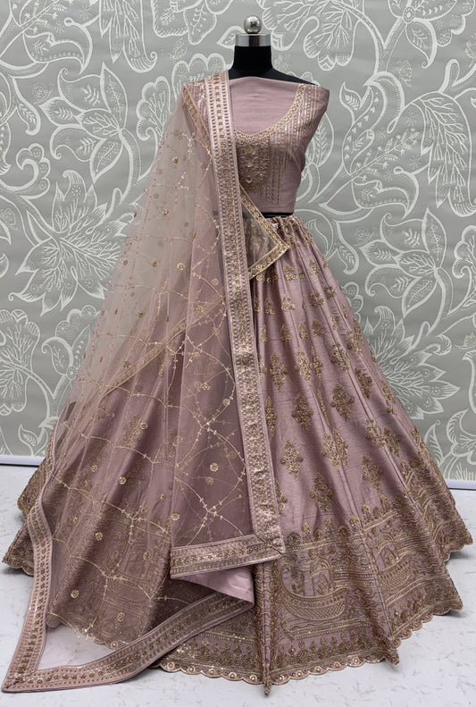 Dusty Mauve Slub Silk Bridal Lehenga Choli with Crystal Pipe Handwork & Designer Net Dupatta