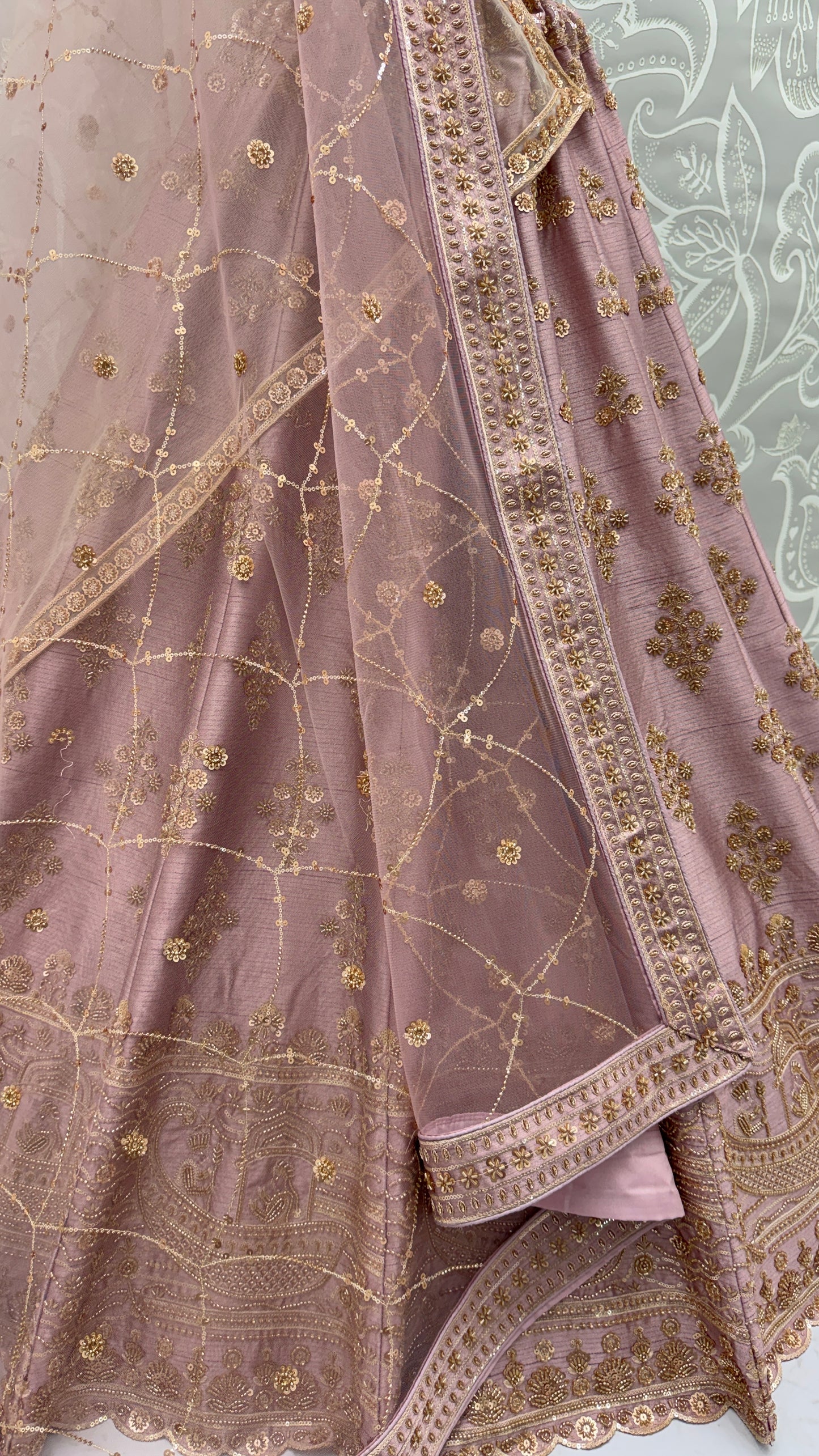 Dusty Mauve Slub Silk Bridal Lehenga Choli with Crystal Pipe Handwork & Designer Net Dupatta