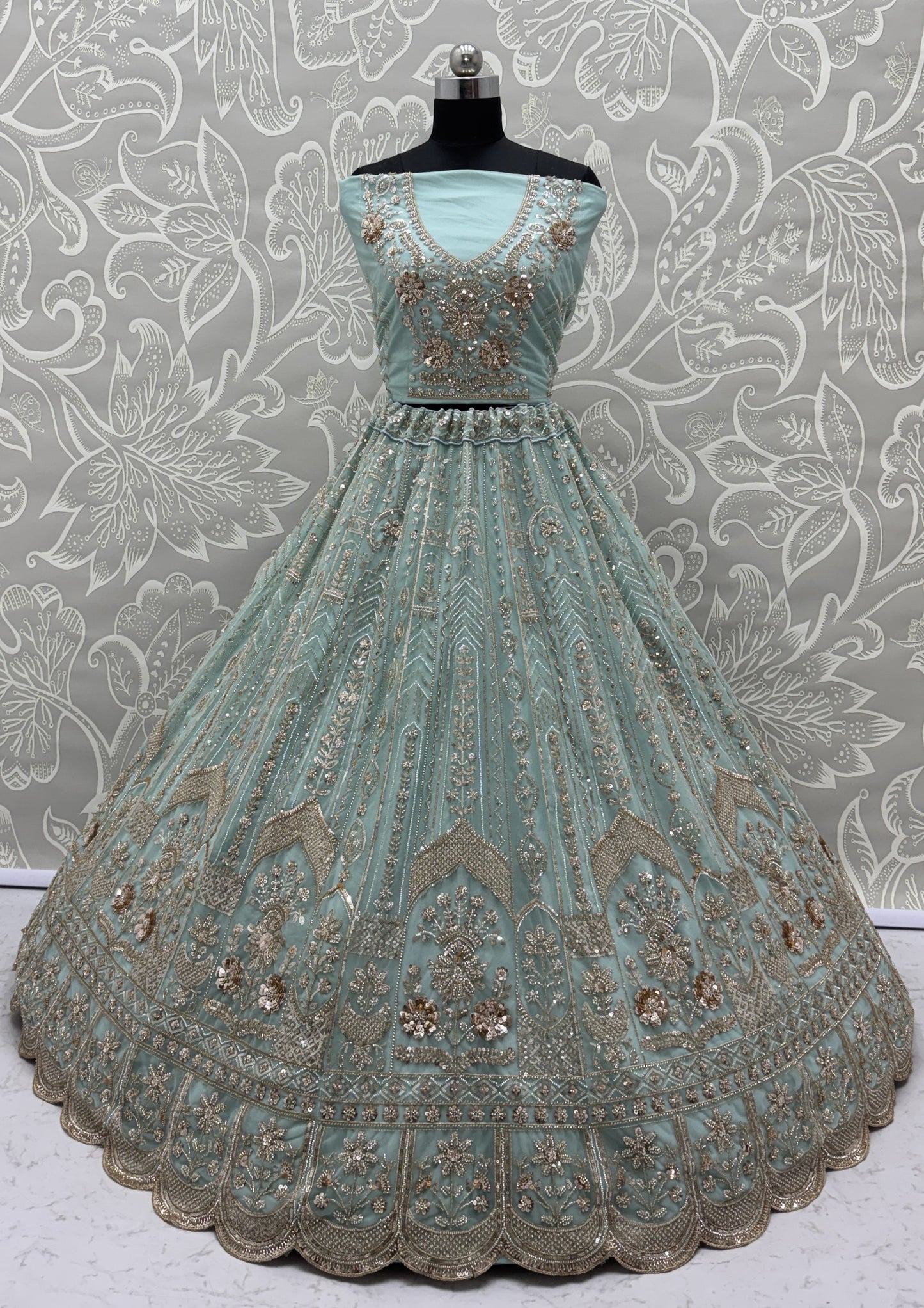 Luxury Sky Blue Bridal Net Embroidered Bridal Lehenga Choli with Unstitched Blouse & Net Dupatta
