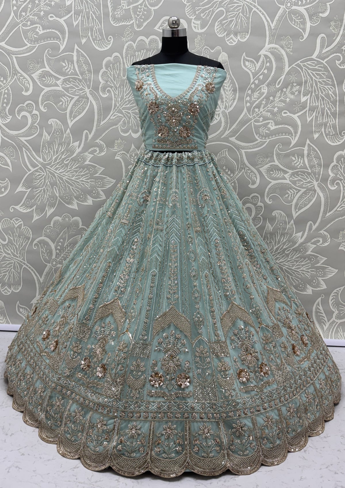 Luxury Sky Blue Bridal Net Embroidered Bridal Lehenga Choli with Unstitched Blouse & Net Dupatta