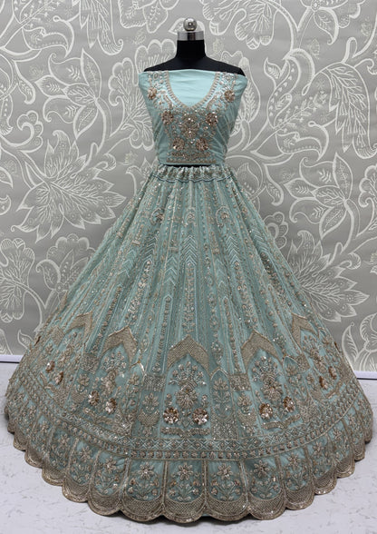 Luxury Sky Blue Bridal Net Embroidered Bridal Lehenga Choli with Unstitched Blouse & Net Dupatta